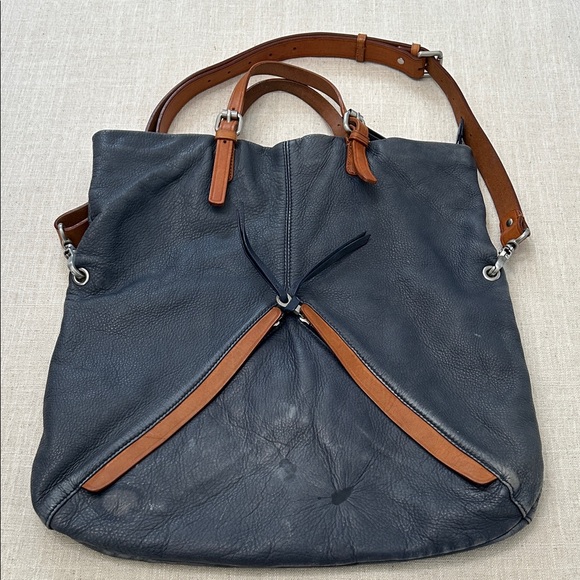 Christopher Kon Crossbody Bag Blue Leather Large Travel Tan Buckles - Picture 5 of 16